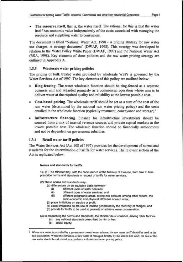 Guidelines for Setting Water Tariffs: Industrial, Commercial and other Non-residential Consumers Page 3 The resource itself, that is, the water itself.
