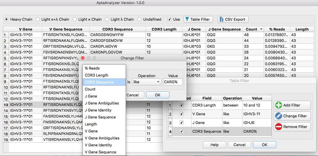Table views Results are provided on multiple levels of detail. The table on the top shows leader sequences each representing a CDR3 family.