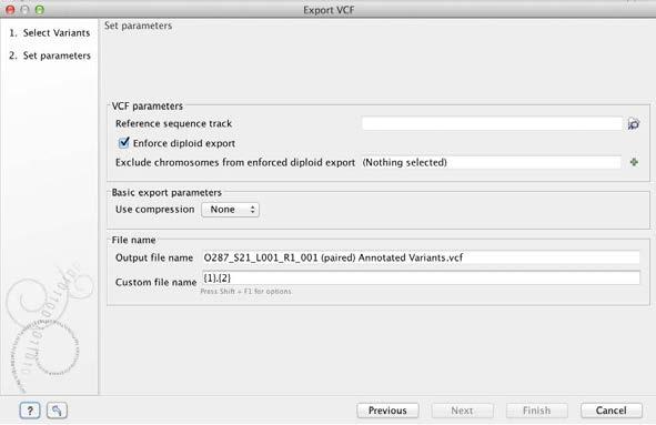 6. Confirm selection of the data to be exported. The Export VCF dialog opens.