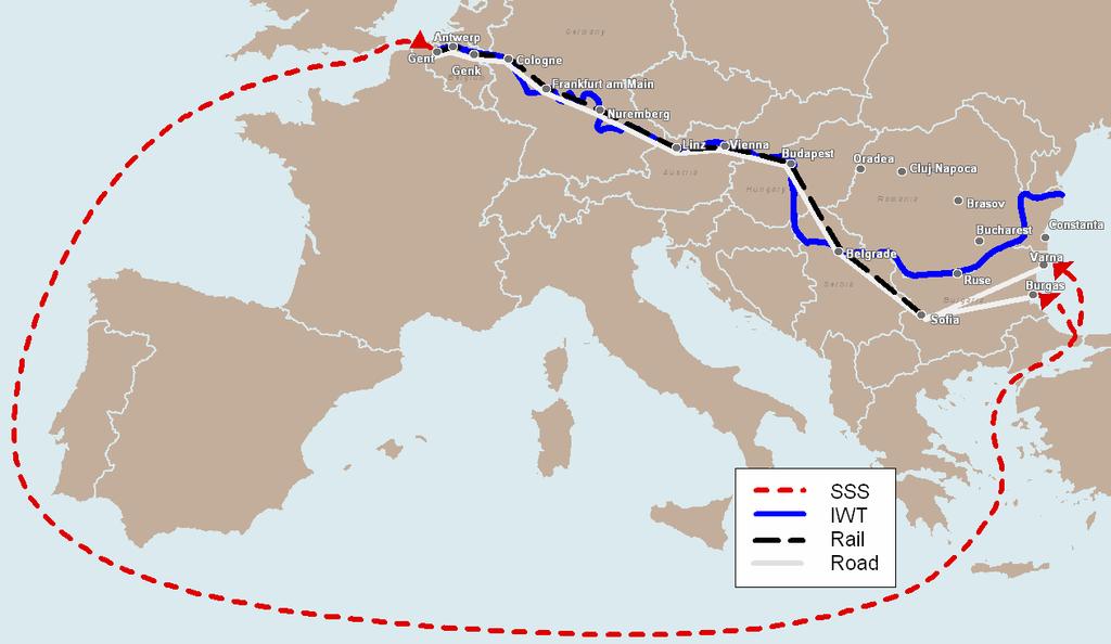 6.3 Transport alternatives and costs As described in chapter 2, Bulgaria can be reached directly via road, rail, SSS and IWT. Figure 6.5 Continental and maritime links between Belgium and Bulgaria.