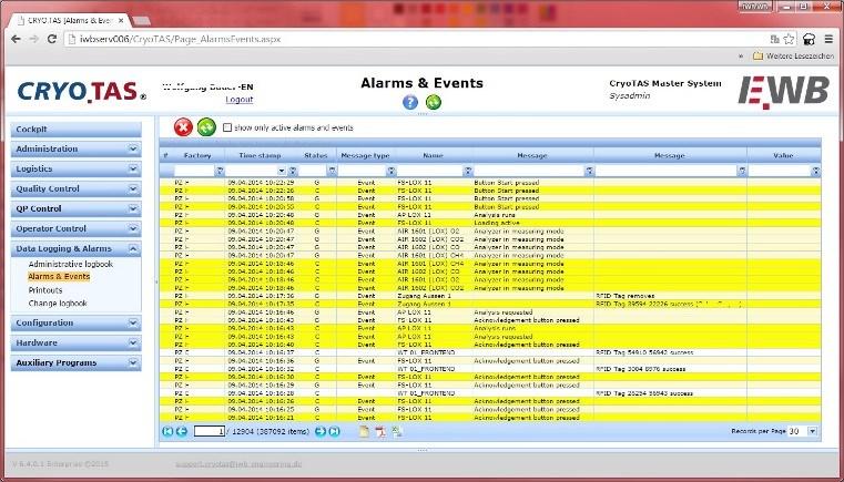 ALARM MANAGEMENT / LOG BOOKS CRYO.TAS archives all alarms and events that arose nearly in real time. All operations are logged with time stamp, site of execution and person's name.
