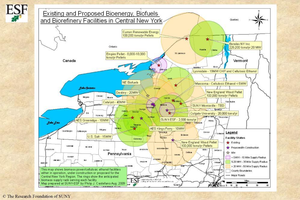 Map 22: Bioenergy, Biofuels and Biorefinery Facilities (Existing and Proposed) Map 22 shows Chemung County and the Town of Veteran are located in an area in which they could begin using the supply of