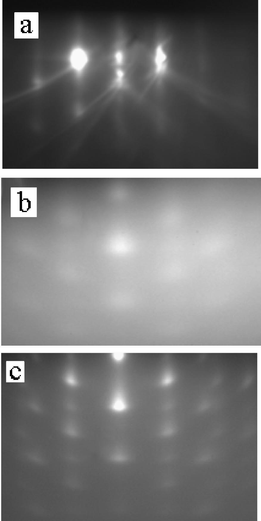 7880 J. Appl. Phys., Vol. 85, No. 11, 1 June 1999 Auner et al. FIG. 1. RHEED patterns viewed along Si 112 azimuth, during AlN deposition at 400 C: a Si, b after depositing 200 Å AlN, and c after depositing 3000 Å of AlN.