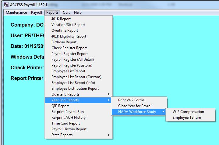 Dominion ACCESS: NADA Dealership Workforce Study Data Export To run the data extract, from the menu bar