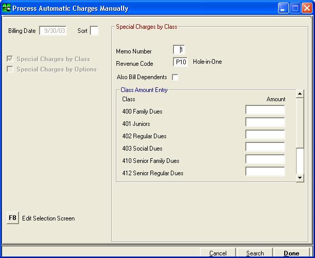 User Guide ClubConnect Accounts Receivable 2. Select Special Charges by Class. The Special Charges by Class fields appear. 3.