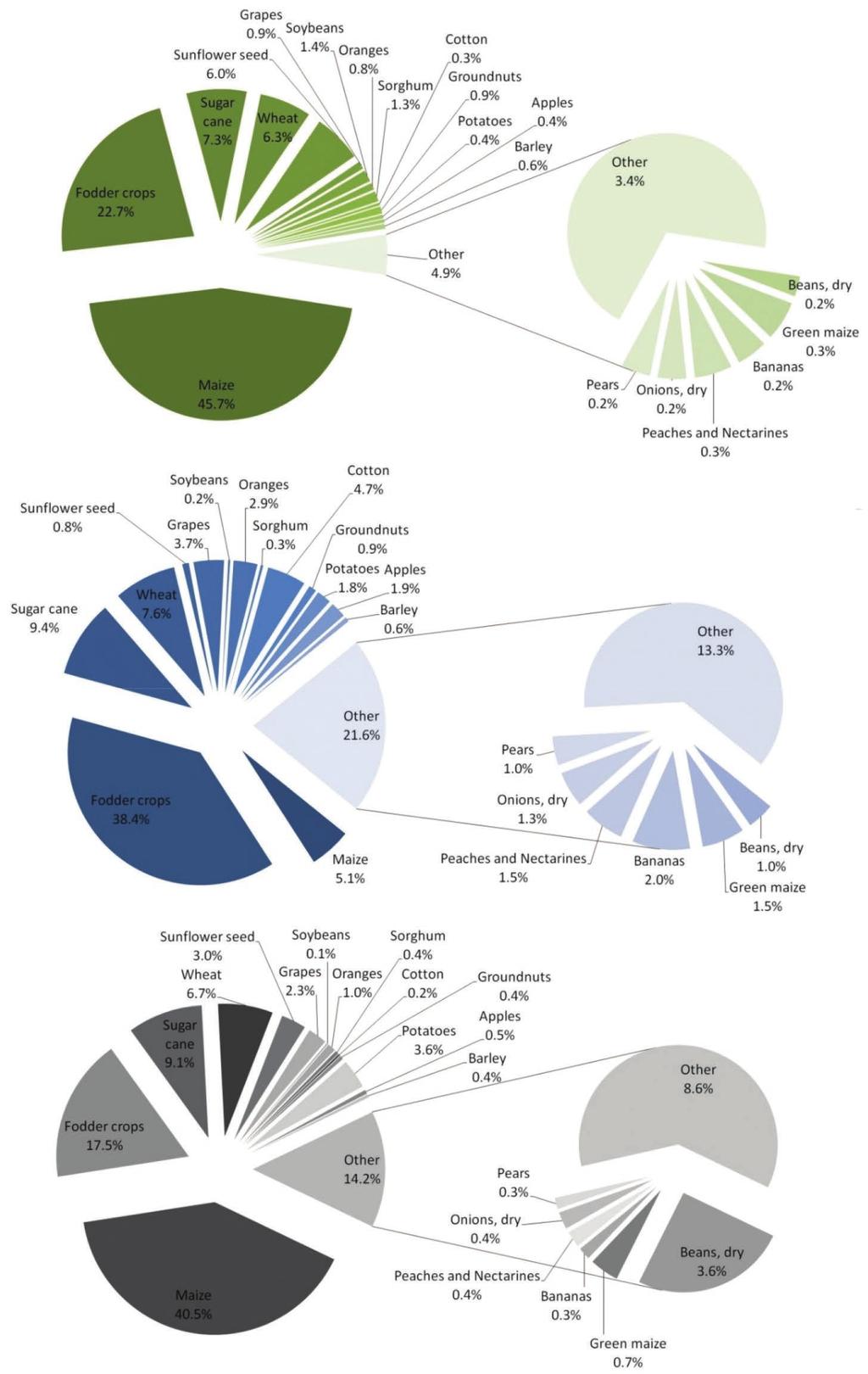 The green-water footprint of crop production is dominated by 5 crops.