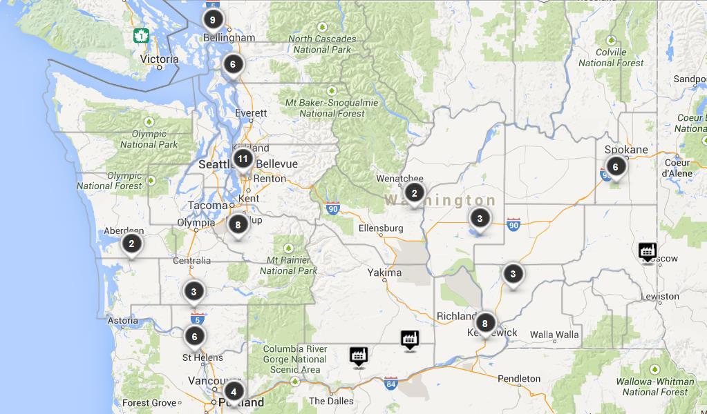 Figure 2. Location of Stationary Facilities in Washington State Likely to be Regulated Under a Cap-and-Trade Program. Fuel suppliers not included in figure.