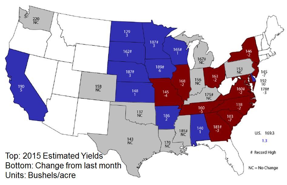 Figure 1. Nov. 2015 Corn Yield Estimates. Source: USDA-NASS. That same pattern of yields showed up for soybeans as well.