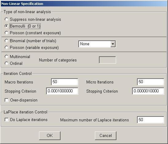 The critical specification for this dialog box is to select the appropriate type of dependent variable in the Type of non-linear analysis section of the dialog box.