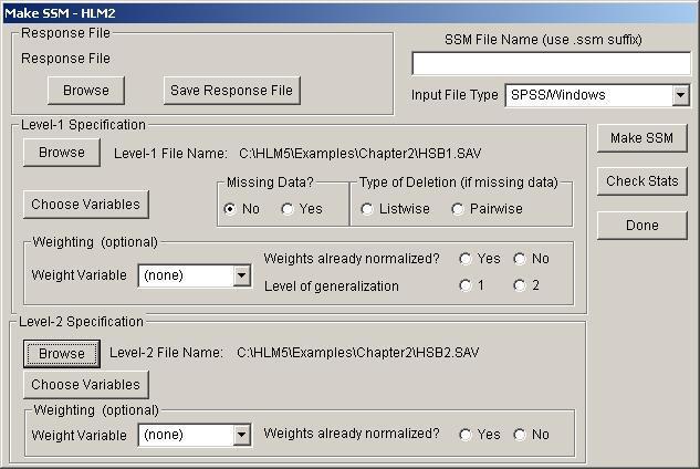 The present example creates an SSM file out of two SPSS files that are available with the HLM software. The level-1 file is HSB1.SAV 