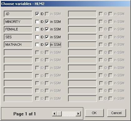 The two columns of check boxes next to the variable names are used to select the variables you wish to include in your SSM file. Only one ID variable should be specified.