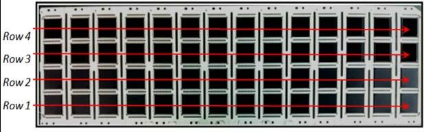 3. Fig. 3 QFN package array on a leadframe strip After the fill, pack, and cure steps, the QFN packages were cut into individual components.