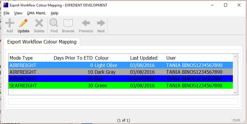 Export Workflow Colour Mapping The screen allows you to assign colour coding to the Workflow screen.