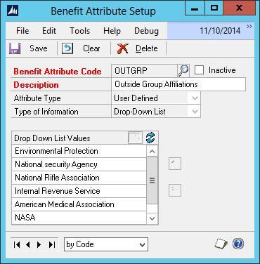 Chapter 1: Benefit Attributes Benefit Attributes Overview The Benefit Attribute Setup window is located in Tools > Setup > Human Resources > Benefits & Deductions > Benefit Attributes. Figure 1.