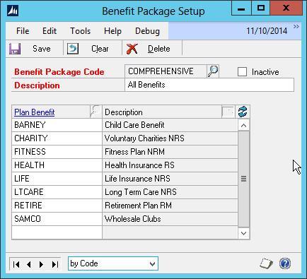 Chapter 4: Packages Packages Overview The Benefit Package Setup window is located in Tools > Setup > Human Resources > Benefits & Deductions > Packages Figure 4.