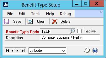 Chapter 7: Benefit Types Benefit Types Overview The Benefit Types Setup window is located in Tools > Setup > Human Resources > Benefits & Deductions > Benefit Types Figure 7.