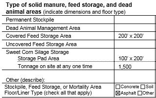 Type of solid manure, feed storage, and dead animal areas In this section of the table enter the size of any permanent stockpile, dead animal management area, or silage storage areas in the column