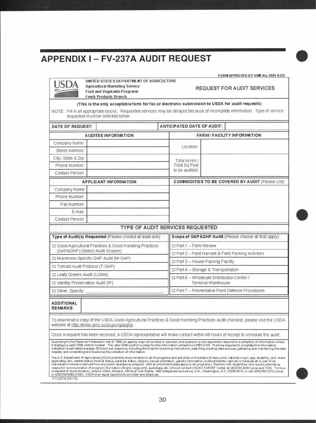 APPENDIX I - FV-237A AUDIT REQUEST UNITED STATES DEPARTMENT OF AGRICULTURE FORM APPROVED BY OM No. 0581-8125 US IIM Agricultural Marketing Service ==---.