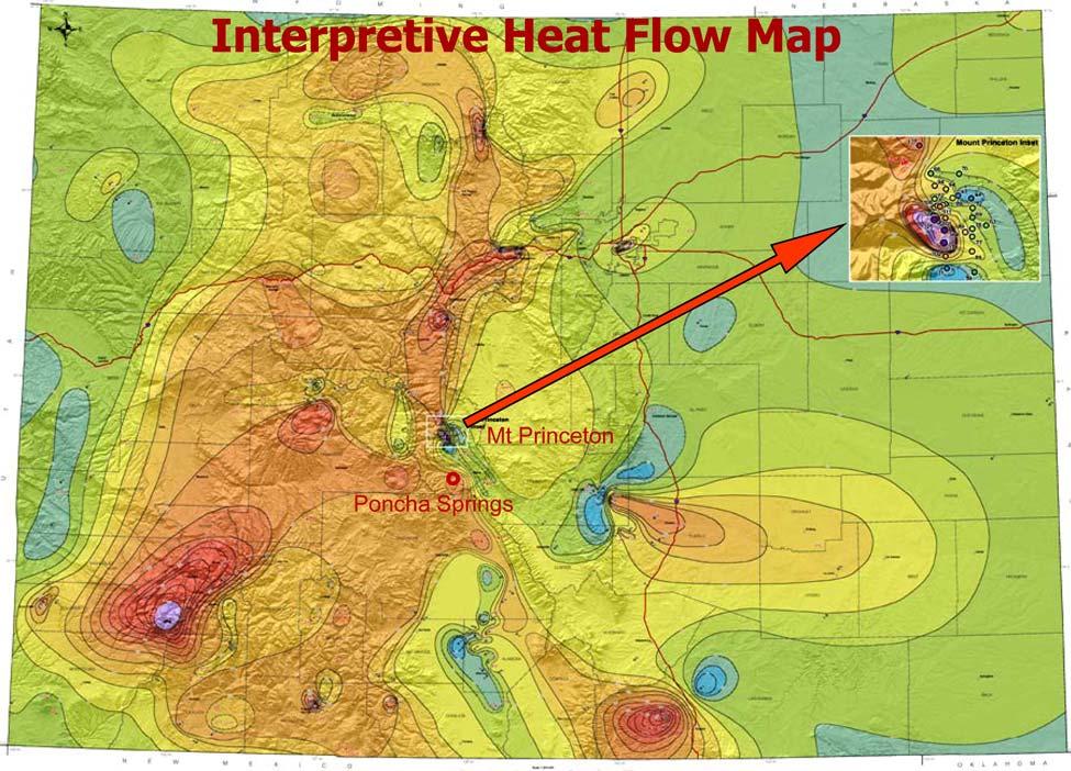 Heat Flow Map of Colorado Heat Flow Map of Colorado 2 The larger scale of this map shows more detail than the US Heat Flow Map, but many areas are without data and the contours are extrapolated.
