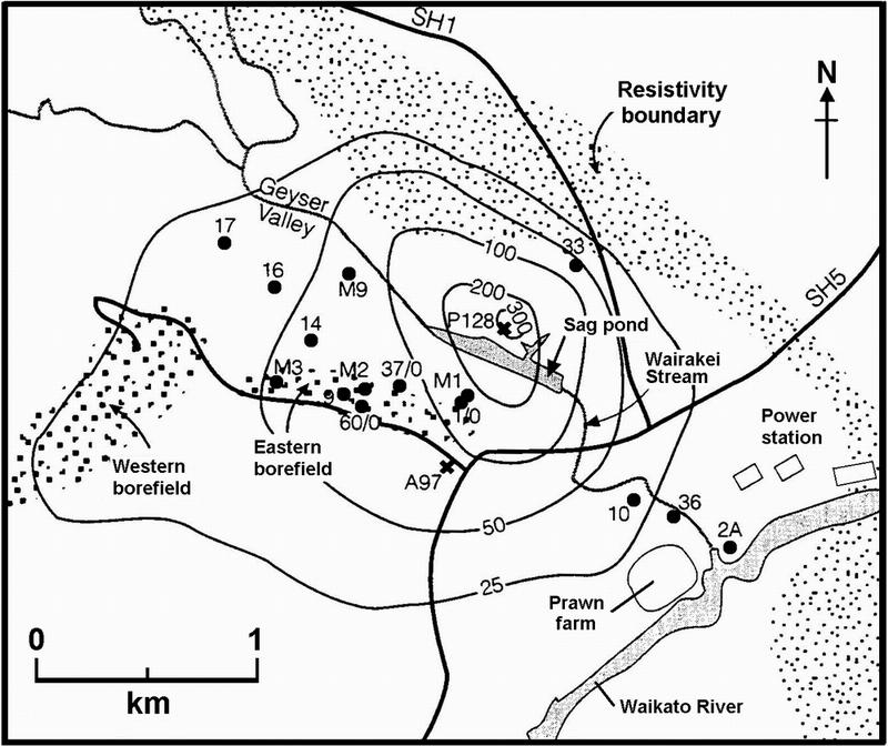 Hazards from Geothermal Site Development Subsidence in the Wairakei Geothermal Field, New Zealand, 1986 to 1994. The subsidence contours are labeled in mm (25.4 mm = 1 inch).