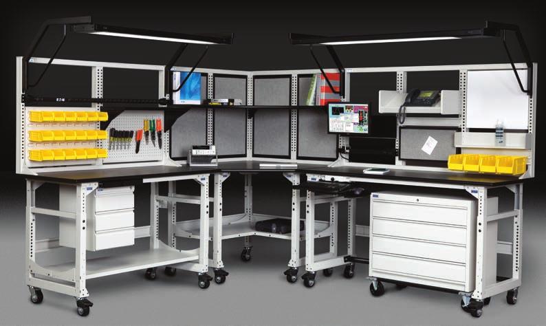 Strong, durable, modular steel TechOrganizer over heavy-duty TechBench stability for technology-intensive environments including instrumentation chemistry.