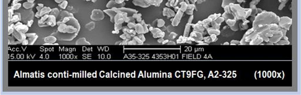 Figure 4 shows the SEM of a ground calcined alumina, clearly showing residual agglomerates of primary alumina crystals showing that the alumina has not been totally ground down to the ultimate