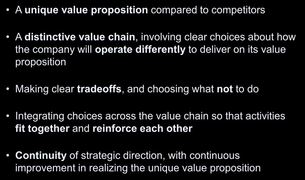 Tests of a Successful Strategy A unique value proposition compared to competitors A distinctive value chain, involving clear choices about how the company will operate differently to deliver on its