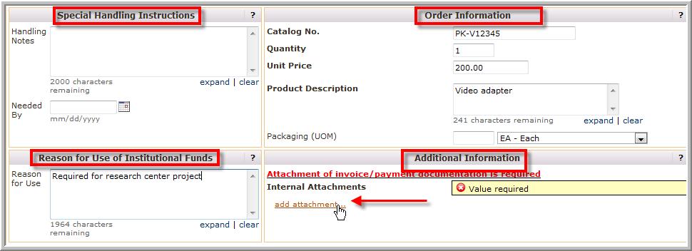 4. Enter the optional information in the Special Handling Instructions section. A. Enter the Handling Notes. B. Enter the Needed By date. 5.