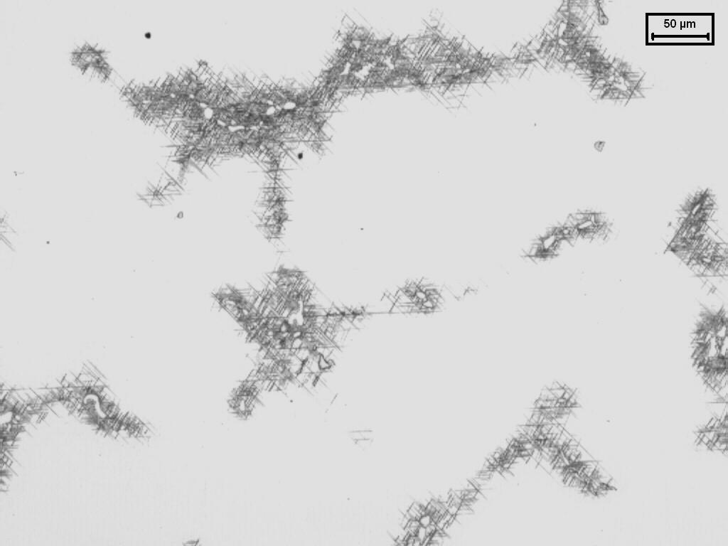 Micrograph 8: Metallographic sample HH8, solutioned at 1010ºC and aged, from Homogenized & HIPed ring. However, it is surprising that δ phase is still present at 1038ºC or 1066ºC.