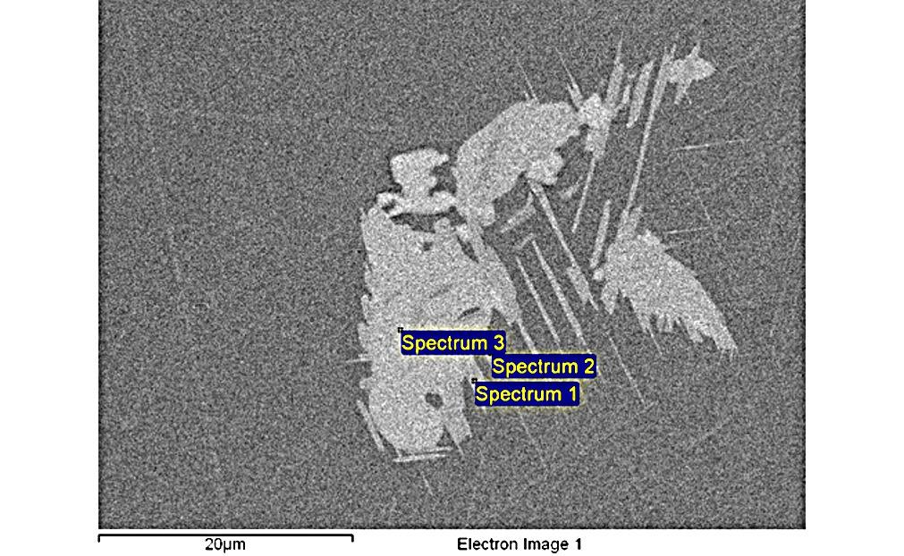 Micrograph 5: FEG-SEM (BSE) micrograph of NH5 sample (ST: 1066 ºC) Spectrum Al Ti Cr Fe Co Ni Nb Mo W Spectrum 1 0.64 1.16 2.56 1.56 6.49 54.53 29.54 2.40 1.