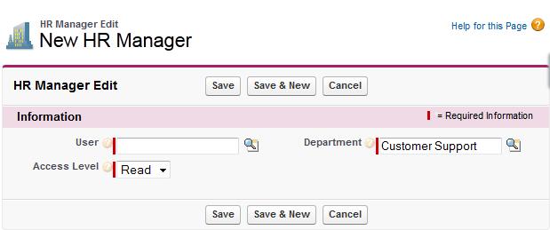 Maintaining Team Member Records Adding an HR Manager 4. In the HR Managers Related List, select New HR Manager: Fairsail displays the HR Manager Edit page: 5.