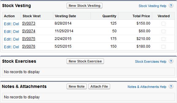 Maintaining Team Member Records Maintaining Stock Options Below the Detail page are the Related Lists for the option: As well as the information you entered for the Stock Option, the detail page