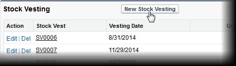 4. Scroll down to the Stock Vesting related list and select New Stock Vesting: Maintaining Team Member Records Maintaining Stock Options Fairsail displays the Stock Vesting Edit page: 5.