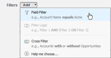 To add filters to enable you to drill down to show matches to a particular criterion, select the Filters Add picklist and