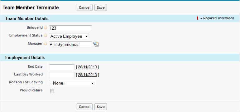 Maintaining Team Member Records Team Member Detail Buttons Terminate Terminate enables you to change a Team Member's employment status to Terminated.