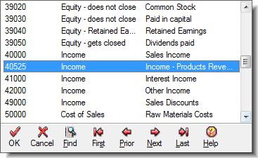 A list of chart of accounts displays. Figure 7: Chart of accounts 3. Click the appropriate sales account, and then click OK. Your selected sales account is entered into the Sales Account text box. 4.