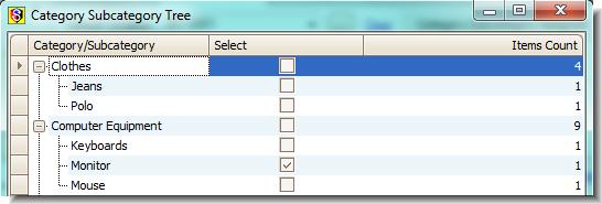 Figure 9: Assign items to a category/subcategory 2. In the Select column, click the appropriate check box to add your item to a category/subcategory.