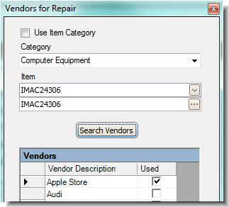 The Vendor for Repair window opens. Click to assign a vendor to repair an entire category. Select an item to assign a vendor to repair a single item.