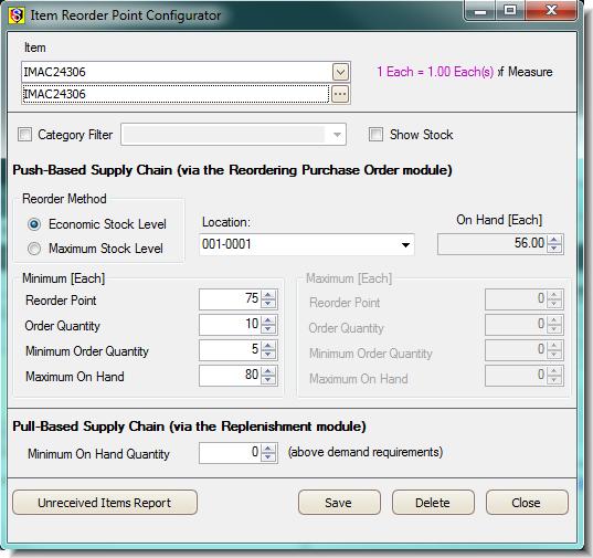 1. In the Item Manager window, on the Tools menu, click Item Reorder. The Item Reorder Point Configurator opens. Select an item to define its reorder point. Select the item s location.