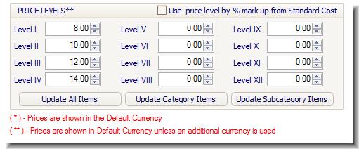 Define an Item s Price Levels 1. In the Item Manager window, select an item, and then click the Prices tab. Select to set your price levels as a percentage of your standard cost.