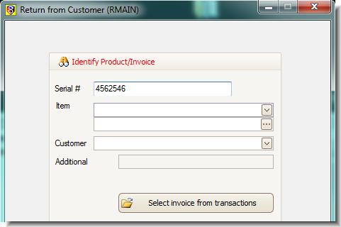 The Return from Customer (RMAIN) dialogue box opens. You can retrieve the information on the sales invoice in two ways: with a serial number, or from a list of invoices.