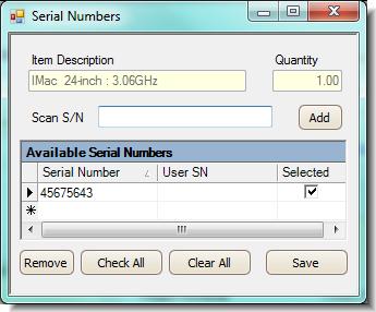 The Serial Numbers dialogue box opens. If no serial number was added on the issue, you need to manually enter the serial number.
