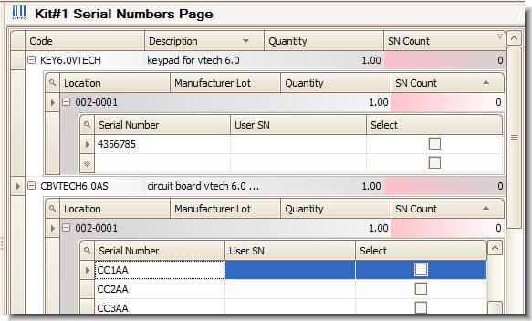 1. In the Build Kit window, after you have allocated your inventory to your kit, click the Serial Numbers button. Collapse or expand the tree view by clicking the +/- button.