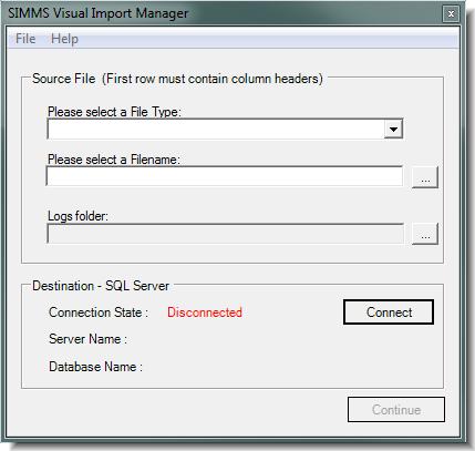 Connect to the SQL Server 1. Click the Window s Start button, and then click All Programs. Open the SIMMS Inventory Management folder, and then click Visual Import Manager.