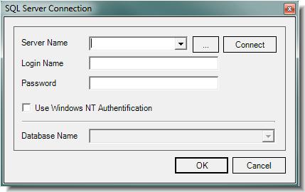 The SQL Server Connect dialog box opens. Figure 48: SQL Server Connection. 6. In the Server Name list, select the server to which you want to connect.