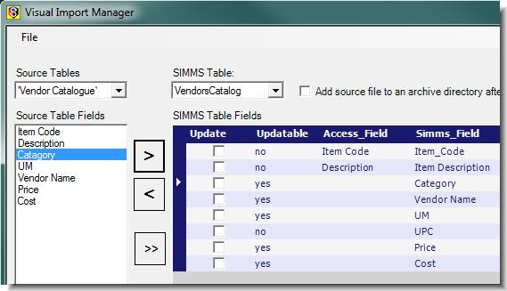 Map Your Vendor s Catalog to SIMMS 1. In the Source Tables list, select the table that contains your vendor catalog information. In Figure 49, the table is named VendorCatalogue.