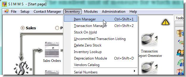 Add an Item s Profile 1. On the SIMMS [Start page], click the Inventory menu, and then click Item Manager. Figure 1: Inventory menu The Item Manager window opens. 2.