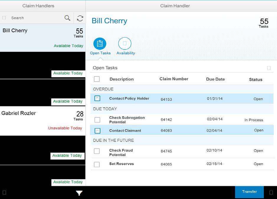 SAP Fiori for insurance claims supervisor Workload Management for Tasks View the workload of your team members with regard to the assigned tasks from claims processing.