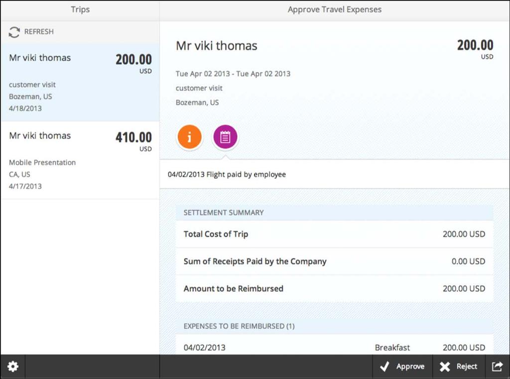 SAP Fiori for manager Approve Travel Expenses Gives managers an overview of all their employees travel expense reports.