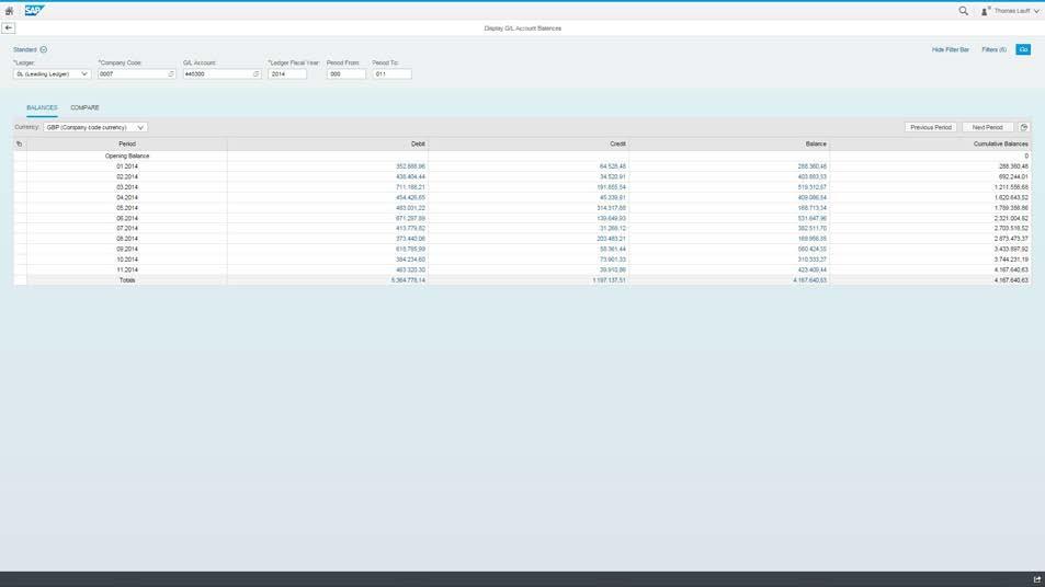 SAP Fiori for G/L accountant Display G/L Account Balances With this transactional app, you can check and compare the balances, and the credit and debit amounts of a ledger in a company code for each